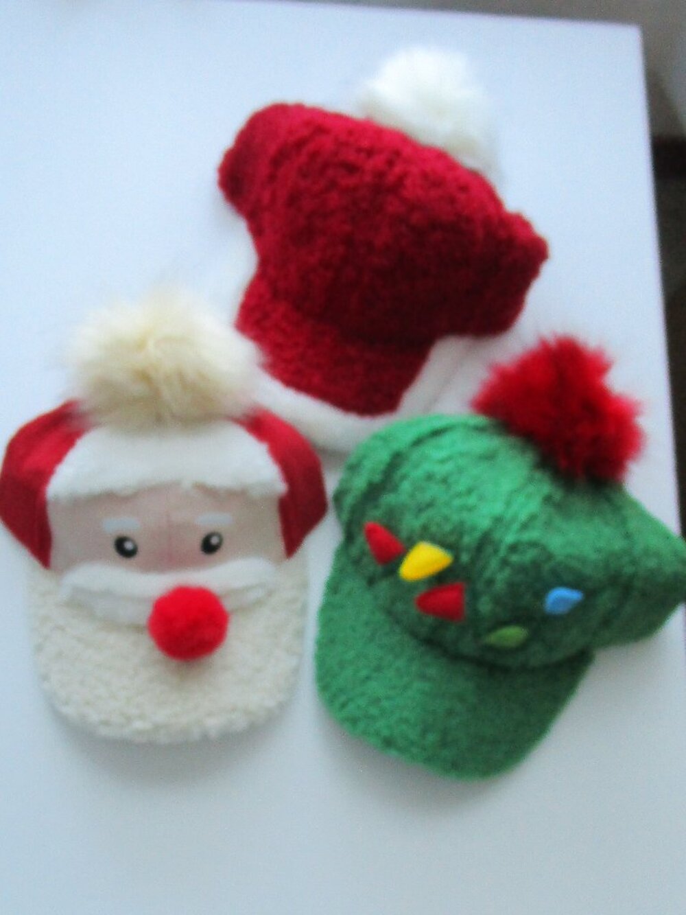 3 Christmas Sherpa Fleece Novelty Baseball Hats - Santa, lightbulbs & red/white